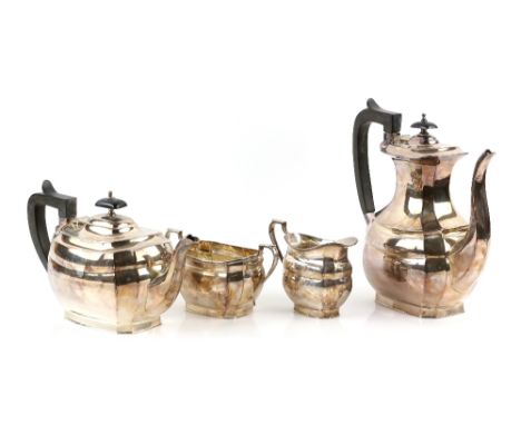 Modern silver four piece tea and coffee service, comprising tea pot, coffee pot, cream jug and sugar bowl, by Lawrence R Wats