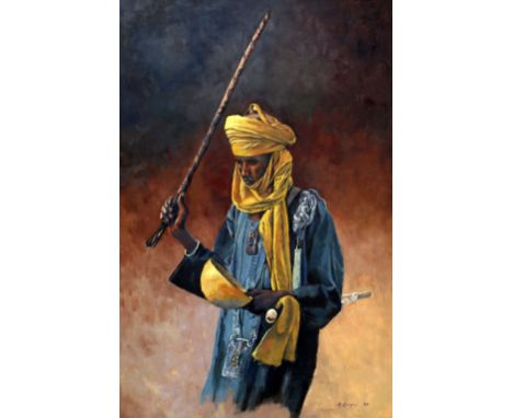 M. Ramsay (20th Century), half-length portrait of an African man raising a stick in his right hand, oil on canvas, signed and
