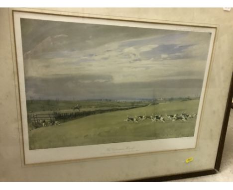 AFTER F.A. STEWART “Hunt and hounds in a landscape” colour print, signed in pencil together with another two hunting prints A