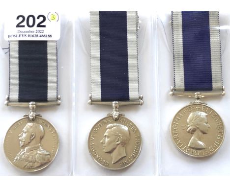 3 Royal Navy Long Service Good Conduct Medals.  George V awarded to M.6710 O.E. GARN ORD ART 4 CL HMS VALIANT.  ...  George V