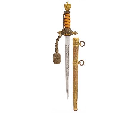 German Third Reich Kriegsmarine Officer Dagger and knot by Eickhorn, Solingen A fine example, the fullered plated blade etche