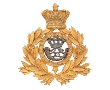 13th (1st Somersetshire) Regiment of Foot Victorian Officer shako plate circa 1869-78.  Fine die-stamped gilt crowned laurel 