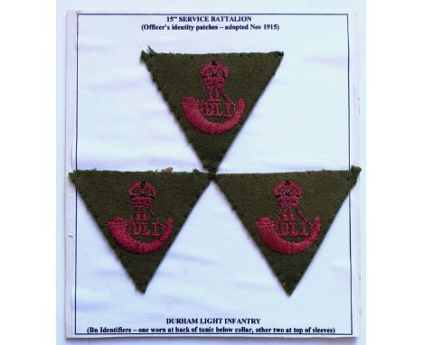 3 Kitcheners Army 15th Service Bn Durham Light Infantry WW1 DLI formation signs.  3 good rare examples removed from tunic. Ea