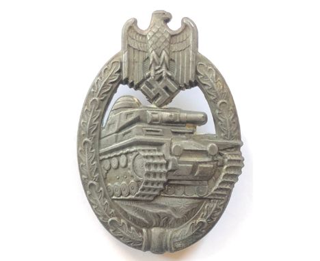 German Third Reich WW2 Army / Waffen SS Tank/Panzer Assault Badge.  Good die-cast silvered zinc example. Approaching Panzer w