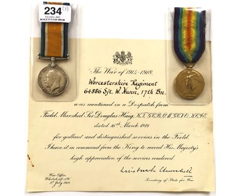 WW1 West Yorkshire / Worcestershire Regiment MID Medals and Certificate.  Awarded to Sergeant William Nunn, who originally se