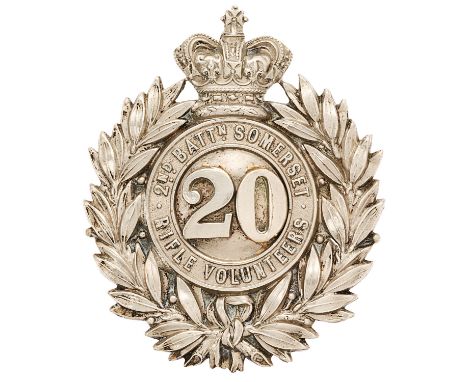20th Corps (Crewkerne) 2nd Bn. Somerset Rifle Volunteers shako plate circa 1860.  Good scarce die-stamped white metal crowned