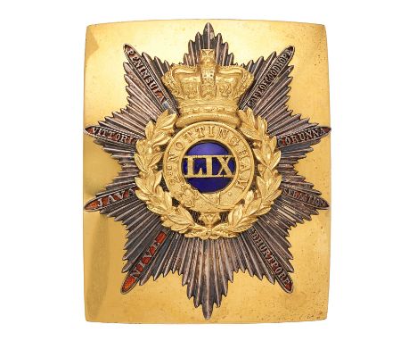59th (2nd Nottinghamshire) Regiment of Foot Victorian Officer shoulder belt plate circa 1861-69.  Fine rare gilt rectangular 
