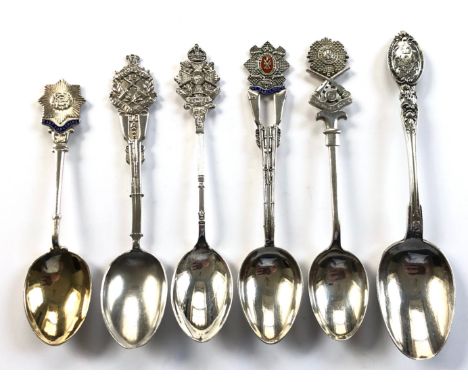 Yorkshire, Border, Black Watch &amp; Royal Scots 5 Regimental HM Silver Teaspoons. All bearing silver hallmarks. Representing