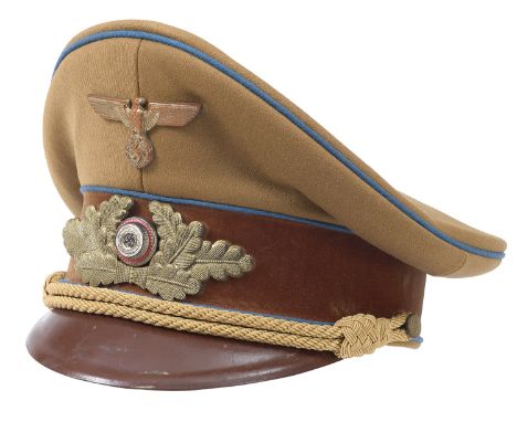 German Third Reich NSDAP Leader Ortsgruppenleiter' peaked cap.  A good example of tan woollen cloth with light blue piping to