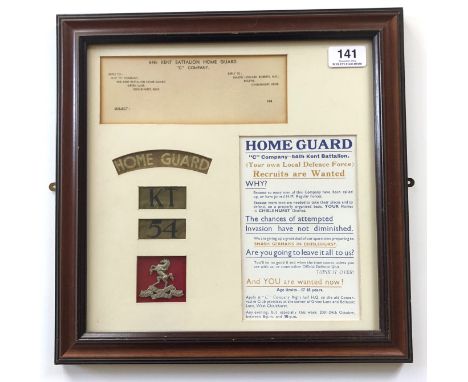 WW2 Kent 54 (Chistlehurst) Home Guard Badges and Ephemera.  A framed group comprising: Badges Printed Home Guard KT 54.   Roy