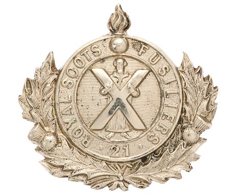 Scottish.  21st Royal Scots Fusiliers Victorian pipers glengarry badge circa 1877-81.  Good scarce die-stamped white metal ci