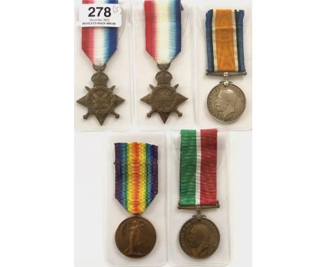 5 WW1 British Campaign Medals  1914 Mons Star awarded to T-22701 DVR J CASSIDY ASC ... 1914/15 Star 1774 PTE F CHARLESWORTH W