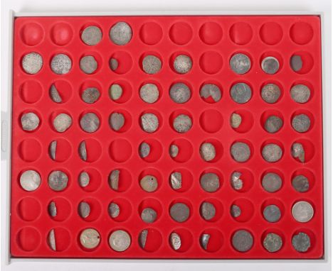 Assorted tray of hammered medieval pennies, including Alexander II, Edward I, Edward III halfgroat, Henry V, together with cu