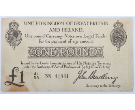 British, Treasury, Bradbury, One Pound, 1914-16, Dugg T11, No. J/1 55 41881, light stain bottom left, stain, otherwise near E