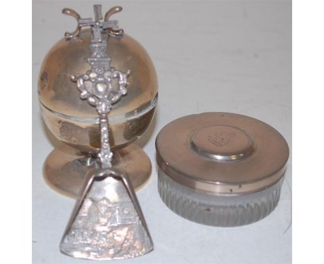 A Dutch silver windmill caddy spoon, silver pedestal spherical box and cover, and a cut glass and white metal topped trinket 