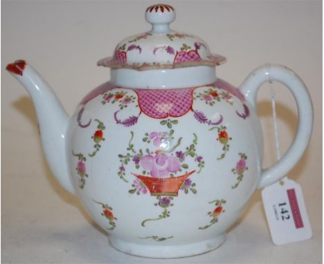 An 18th century Lowestoft porcelain teapot of bullet shape, polychrome decorated with sprays of flowers (a/f)