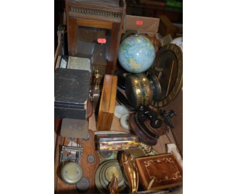 Box of miscellaneous items to include cased field binoculars, olive wood Jerusalem trinket box, postal scales, cigarette tin,