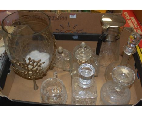 A box of glassware to include; onion decanter, large glass and gilt metal table centrepiece, scent bottles etc 