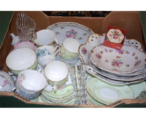 Four boxes of mixed china to include; part Classical Greek style tea service, Royal Albert Lady Hamilton, moulded glassware e