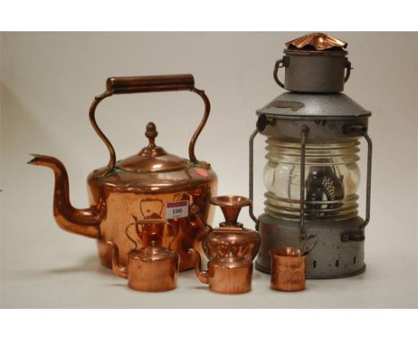 A copper range kettle, and two miniature examples, storm lantern, etc