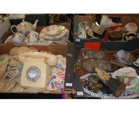 Seven boxes of mixed china, glassware and miscellaneous to include part Churchill tea service, mixing bowl, shot glasses, cop