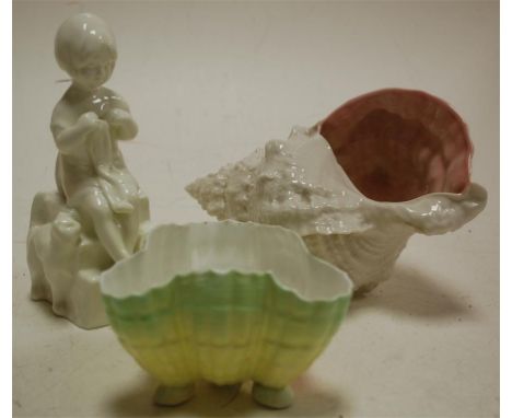 A Graingers Royal Worcester Chinaworks shell shaped dish, blanc de chine child figure, and a Broadway china shell ornament (3