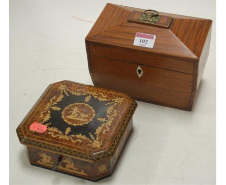 A 19th century satin walnut and inlaid sarcophagus tea caddy, and a continental marquetry unfitted box (2)