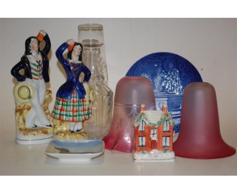 Mixed lot to include Staffordshire figures, glass mallet decanter, lampshades etc