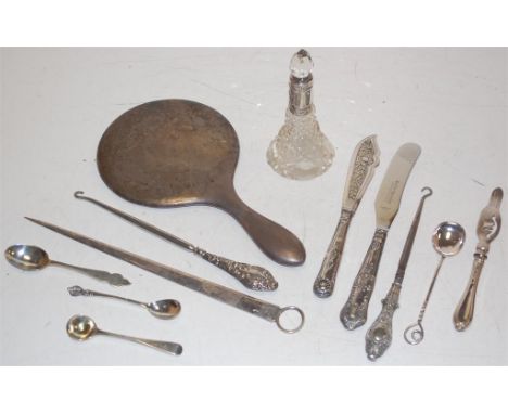 Assorted silver and plated wares to include hand mirror, meat skewer, button hooks etc