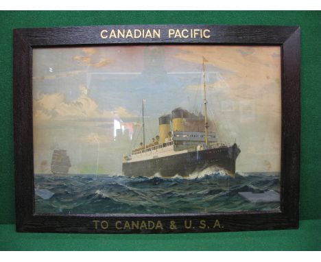 Framed and glazed promotion picture, the 3" wide dark oak frame has Canadian Pacific To Canada & USA in recessed gold letters