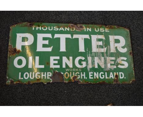 Enamel advertising sign, Thousand In Use, Petter Oil Engines, Works Loughborough, Slough, England, white letters on a green g