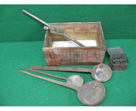Three hot metal pouring ladles, a threading tool with tin of dies in a Deposit Paid R Whites wooden box