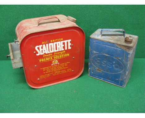 Esso two gallon can with Esso cap together with a large red Sealocrete can which has three wood and metal drawers let into on