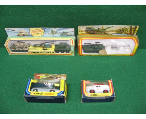 Four Corgi diecast to comprise: Corgi Gift Set 17 (Tiger MkI tank, Bell AH-16 helicopter, and Saladin armoured car), 908 AMX 