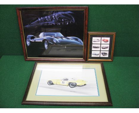Neil Barton, print of a yellow racing E Type Jaguar - 26" x 19", a photographic print of a Jaguar and its engine - 24.5" x 21