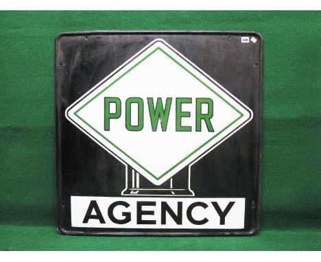 Enamel advertising sign for Power Agency, Green and black letters on a white and black ground - 34.75" x 34.75"