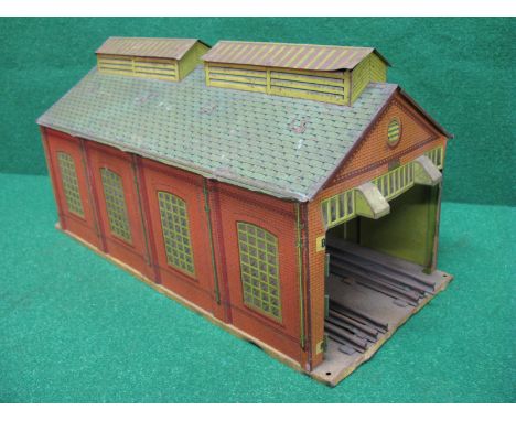 Hornby O gauge, tinplate 2 Road engine shed fitted with three rail track, playworn with chimneys and doors missing - 19.5" x 