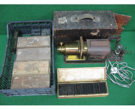 Magic Lantern contained in wooden transport case with electric light bulb conversion, fitted with plaque inscribed Walter Tay