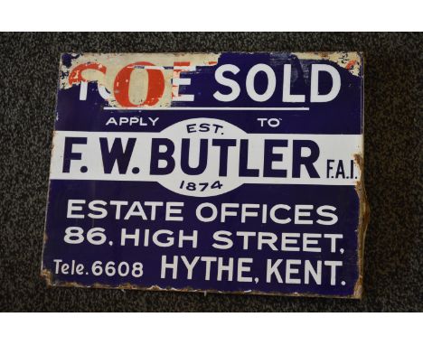 Double sided bracket enamel advertising sign, To Be Sold, Apply To FW Butler FAI 1874, Estate Offices, 86 High Street, Hythe,