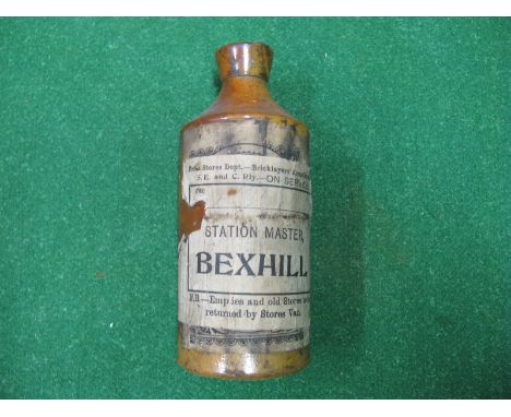Earthenware ink bottle over-labelled South Eastern & Chatham Railway, from Stores Department, Bricklayers Arms Station, Stati