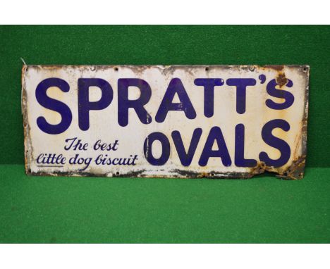 Enamel advertising sign for Spratts Ovals, The Best Little Dog Biscuit, dark blue letters on a white ground - 30" x 12" (rust