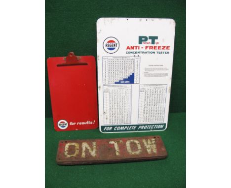 Enamel sign for Regent Premium Type Antifreeze Concentration Tester, black, red and green letters on a white and green ground