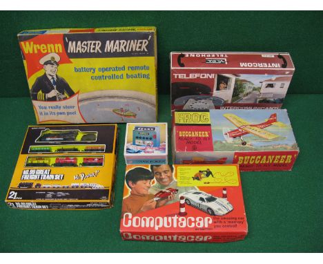 Two boxes of old toys and games to include Haji made in Japan tin and plastic train set, Wrenn Master Mariner, telephone inte