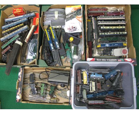 Triang, Hornby, Lima, five boxes of locomotives, rolling stock, track of all types, controllers and ancillaries, all playworn