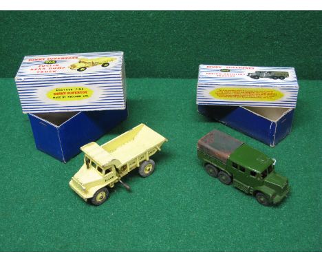 Dinky Supertoys, Euclid Rear dump Truck No. 965 and a Medium Artillery Tractor, with driver, No. 689 both in striped boxed
