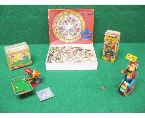 Tinplate clockwork monkeys playing billiards, Made in Japan by TPS and pedaling a wheel holding a sign World Circus titled Me