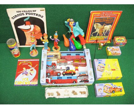 Collection of circus items to include Corgi and Oxford Chipperfields vehicles (some boxed), clown figures, poster books, tinp