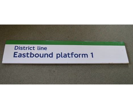 Enamel London Underground sign for District Line, Eastbound Platform 1, dark blue letters on a white and green ground - 45" x