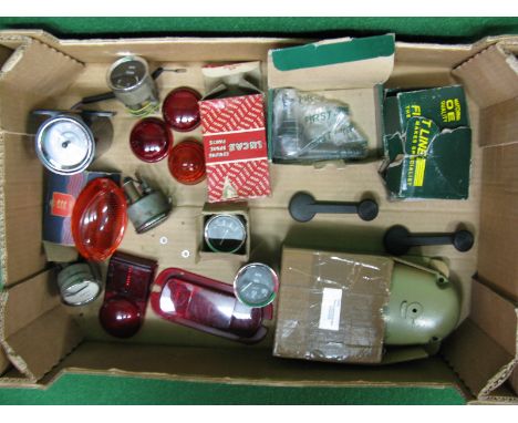 Box of vehicle parts to include gauges, light lenses, Land Rover tie rod ends, Kienzie roof mounted clock, Lambretta engine c