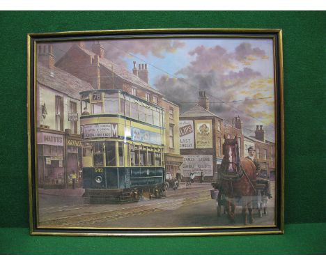 Print of a 1930's street scene with tram by R K Calvert - 30" x 24" framed and glazed
